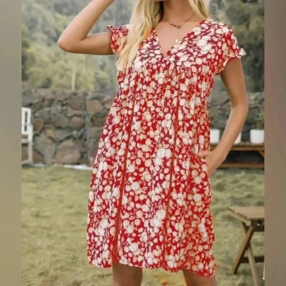 🆕Boho Trendy Red Floral Ruffle-Trim Pocket Shift Dress XL🆕